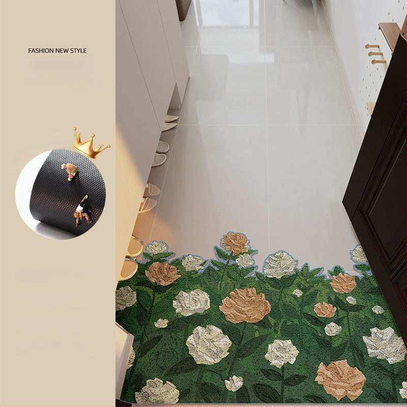 Ieejas durvju paklājs ar ziedu motīvu, materiāls: stieples cilpa, forma: ārpuszemes, stils: eļļas glezna, mazgājams