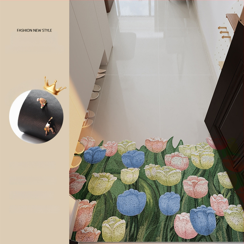 Ieejas durvju paklājs ar ziedu motīvu, materiāls: stieples cilpa, forma: ārpuszemes, stils: eļļas glezna, mazgājams