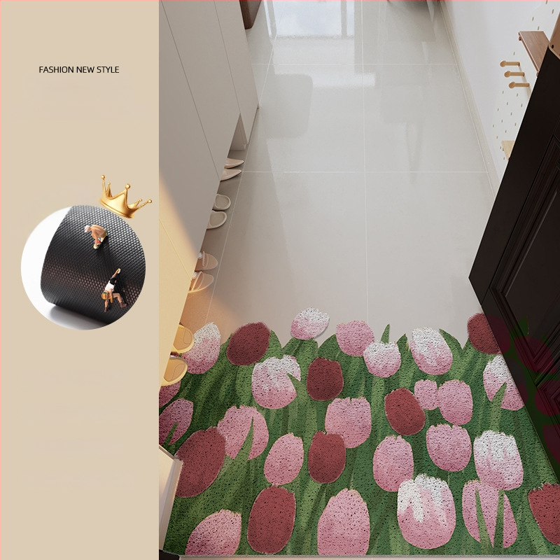 Ieejas durvju paklājs ar ziedu motīvu, materiāls: stieples cilpa, forma: ārpuszemes, stils: eļļas glezna, mazgājams