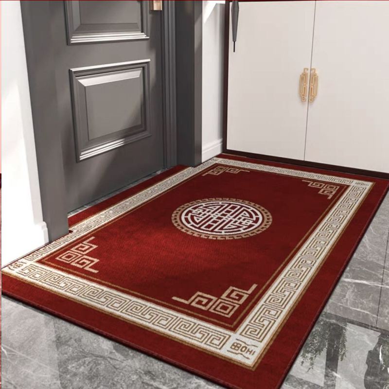 Ķīnas stila ieejas paklājs, poliesters, mašīnu aušana, kvadrātveida, svītras/krāsu bloki/audzē un ziedi, mazgājams