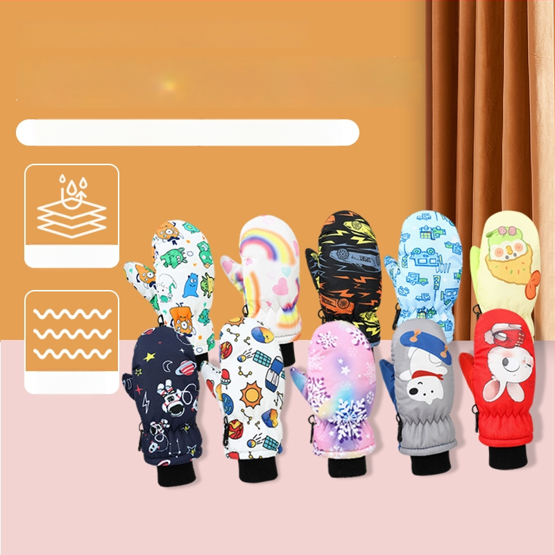 Bērnu slēpošanas cimdi ar karikatūras rakstu — ziemas siltums, poliesters, vecums 6-10 gadi