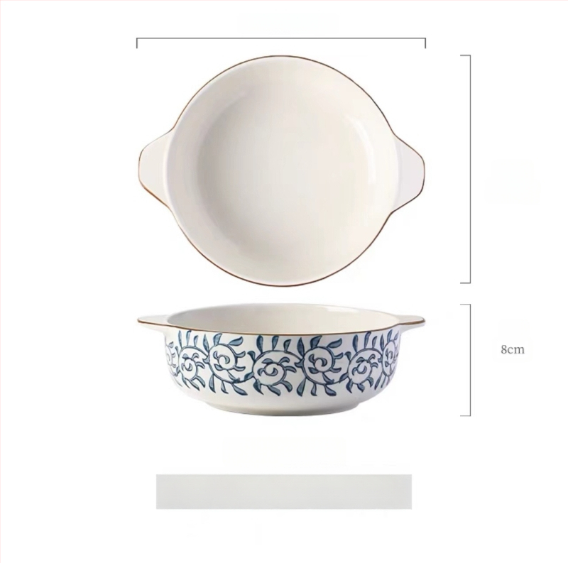 Porcelāna bļoda ar dubultiem rokturiem, apaļas formas, zem glazūras apdare, piemērota mikroviļņu krāsnij