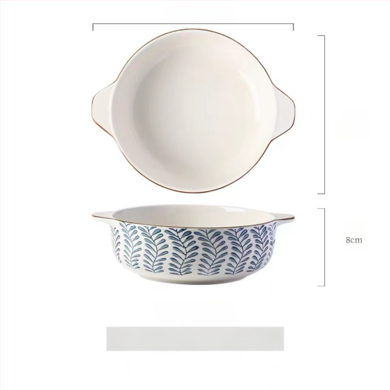 Porcelāna bļoda ar dubultiem rokturiem, apaļas formas, zem glazūras apdare, piemērota mikroviļņu krāsnij