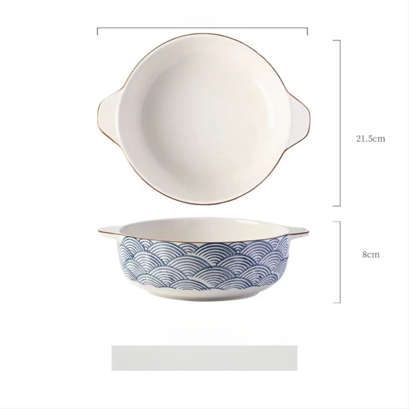 Porcelāna bļoda ar dubultiem rokturiem, apaļas formas, zem glazūras apdare, piemērota mikroviļņu krāsnij