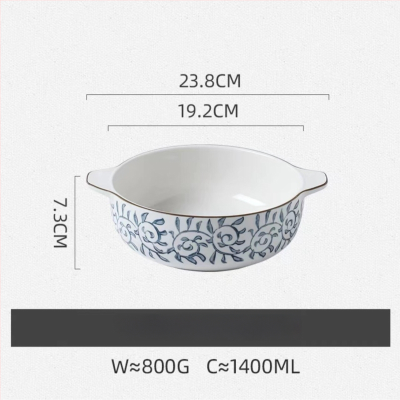 Porcelāna bļoda ar dubultiem rokturiem, apaļas formas, zem glazūras apdare, piemērota mikroviļņu krāsnij