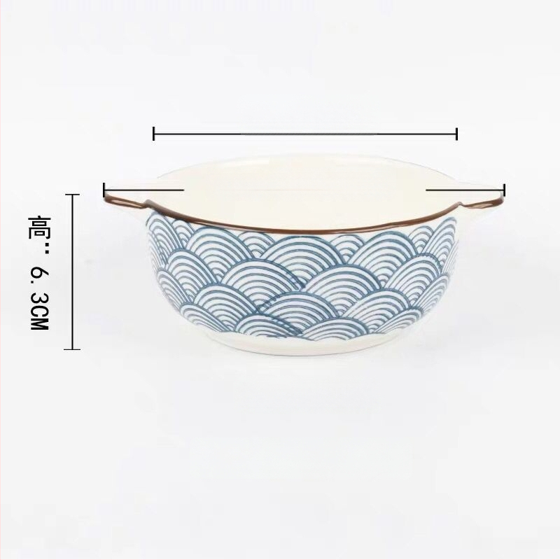 Porcelāna bļoda ar dubultiem rokturiem, apaļas formas, zem glazūras apdare, piemērota mikroviļņu krāsnij