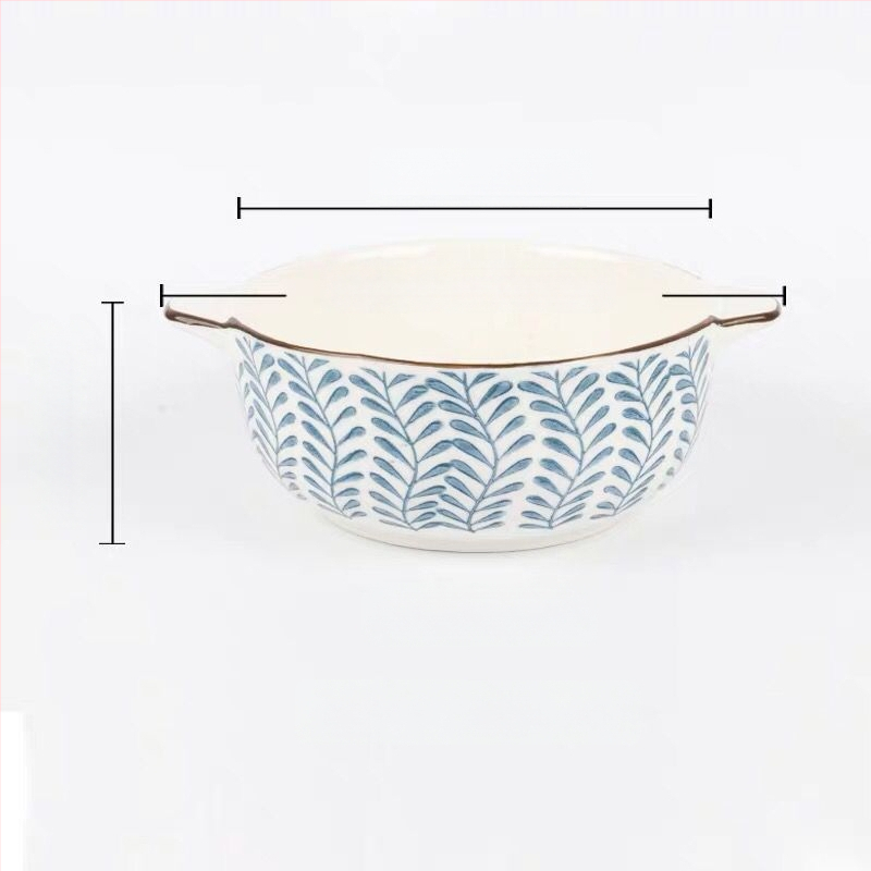 Porcelāna bļoda ar dubultiem rokturiem, apaļas formas, zem glazūras apdare, piemērota mikroviļņu krāsnij