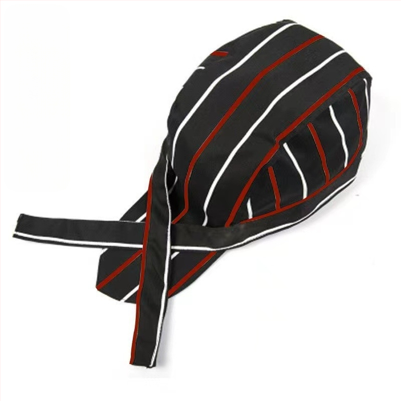 Καπέλο σεφ από βαμβάκι με ρίγες, warp-knitted κατασκευή, κυρτή κορυφή, ρυθμιζόμενη κεφαλόδεση