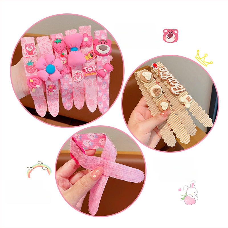 Bērnu matu lente ar karikatūru dizainu, roku darbs, ar auduma ziedu akcentiem un titāna kristāliem, pielāgošana