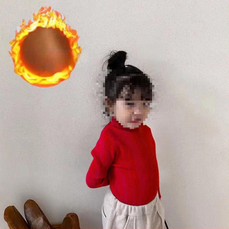 Vaikiška megztinė palaidinė korėjietišku stiliumi, 30% medvilnė, pusiau aukštas kaklas, ribiniai raštai, ilgos rankovės