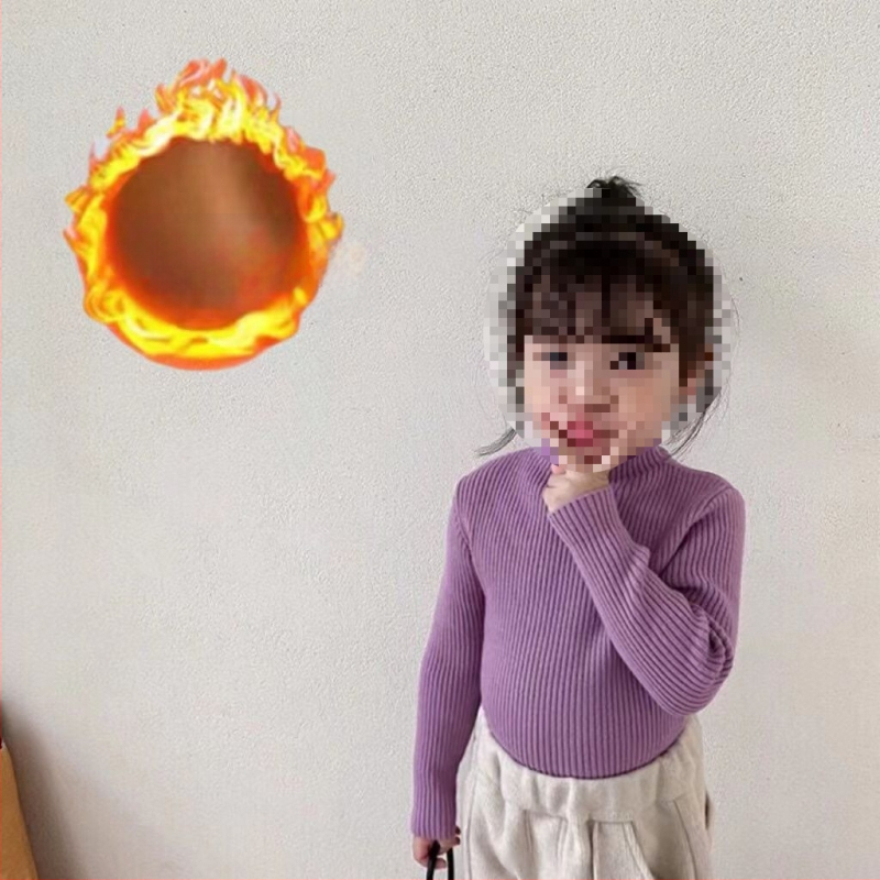 Vaikiška megztinė palaidinė korėjietišku stiliumi, 30% medvilnė, pusiau aukštas kaklas, ribiniai raštai, ilgos rankovės