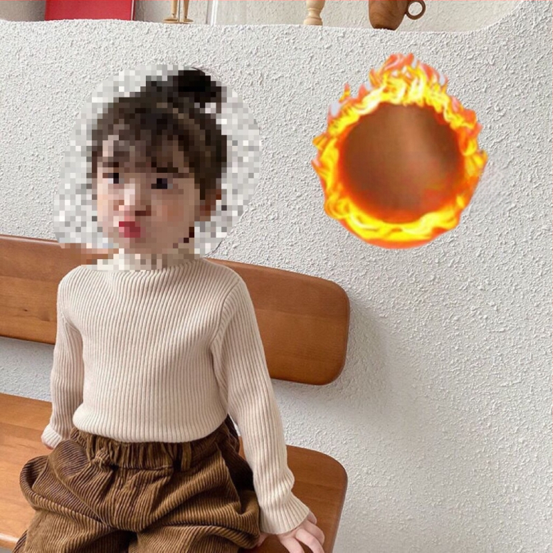 Vaikiška megztinė palaidinė korėjietišku stiliumi, 30% medvilnė, pusiau aukštas kaklas, ribiniai raštai, ilgos rankovės