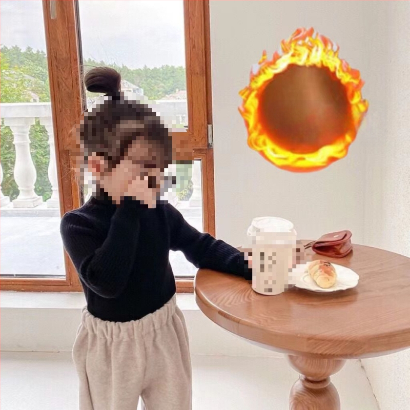 Vaikiška megztinė palaidinė korėjietišku stiliumi, 30% medvilnė, pusiau aukštas kaklas, ribiniai raštai, ilgos rankovės