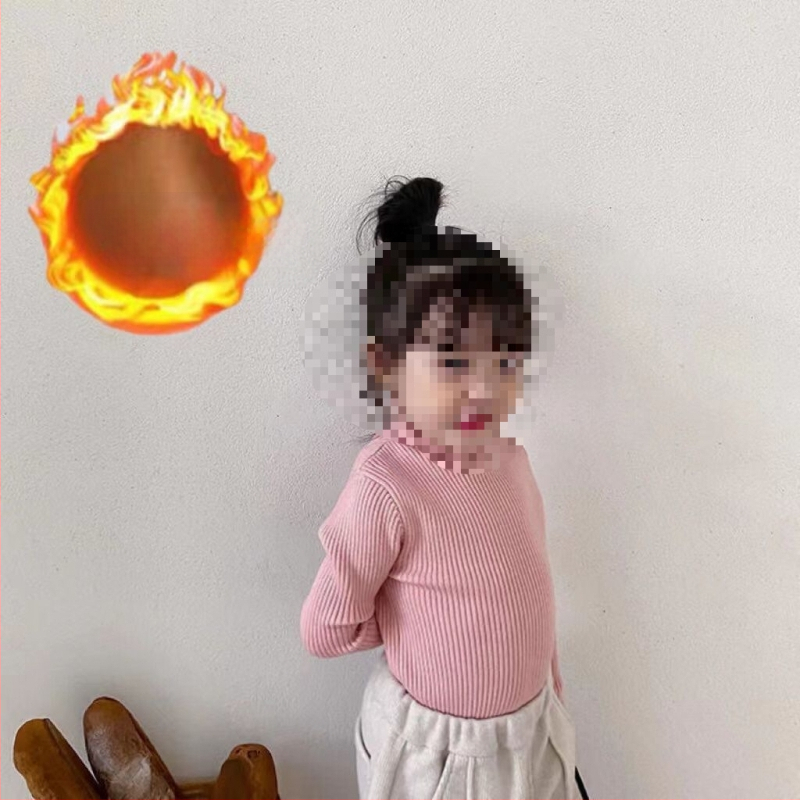 Vaikiška megztinė palaidinė korėjietišku stiliumi, 30% medvilnė, pusiau aukštas kaklas, ribiniai raštai, ilgos rankovės