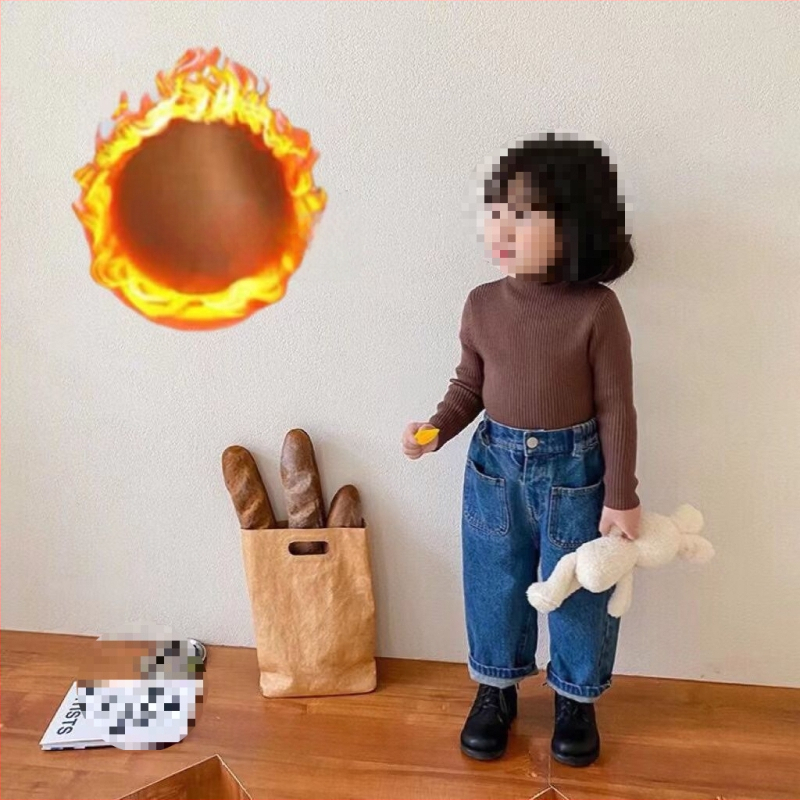 Vaikiška megztinė palaidinė korėjietišku stiliumi, 30% medvilnė, pusiau aukštas kaklas, ribiniai raštai, ilgos rankovės