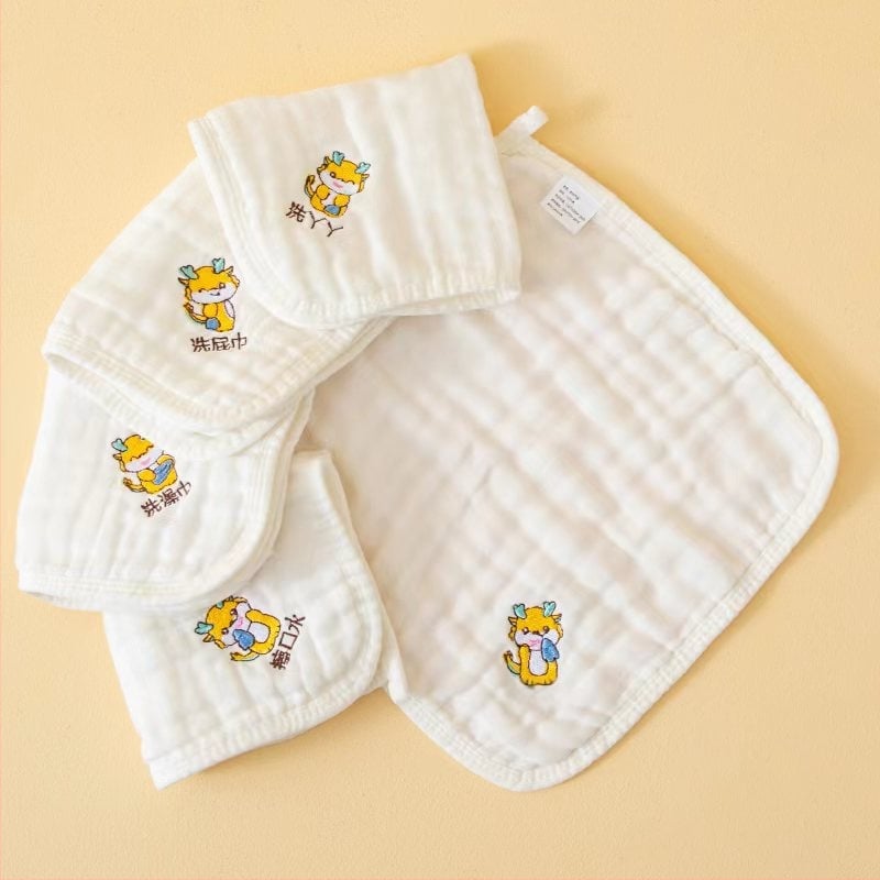 Kokvilnas bērnu marles dvieli ar karikatūras tīģera izšuvumu, sešslāņu, 30 g, 40s diegs