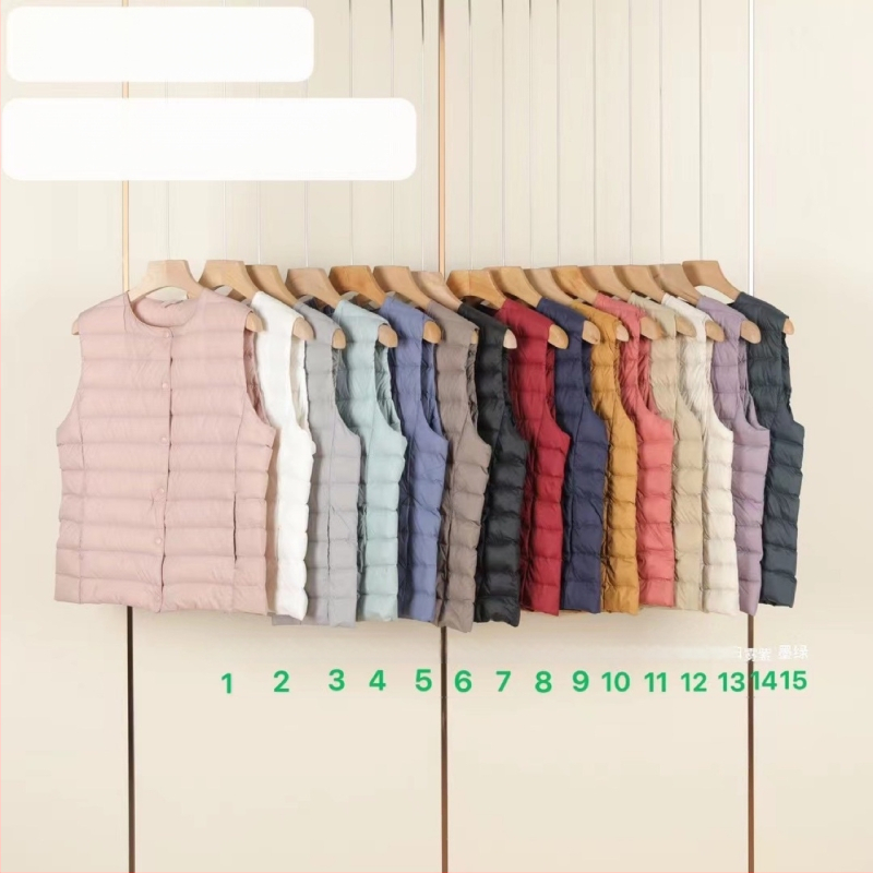 Šaura siluetes pūka veste ar neilona ārējo materiālu, bez piedurknēm, vienu pogu aizdare, Ziemas 2025