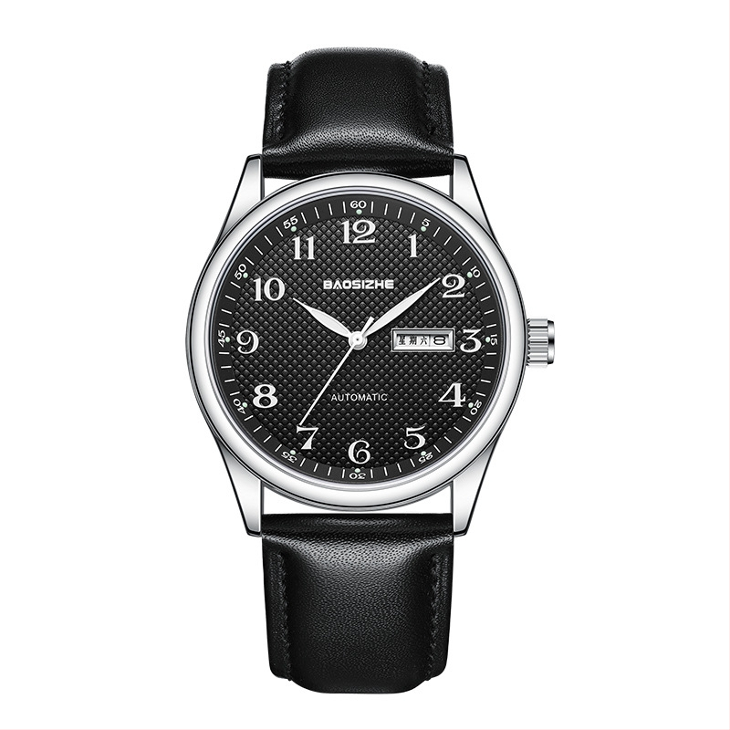 Bao Sizhe Pāris pulksteņi ar automātisko mehānismu, kalendārs un nedēļas rādītājs, gaismas rādītāji, īsta ādas siksna, ūdens izturība 30m