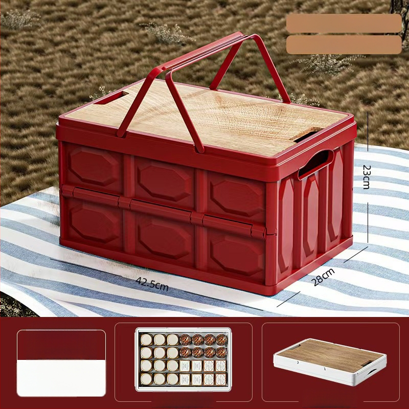 Sulankstoma laikymo dėžė su mediniu dangteliu ir rankena; talpa 30–40 L; PP medžiaga