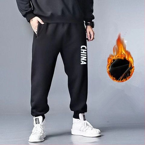 Vīriešu velveteena sporta bikses ar fleece iekšdējais oderējums, brīvs piegriezums, augsta josta, bieza ziemas bikses