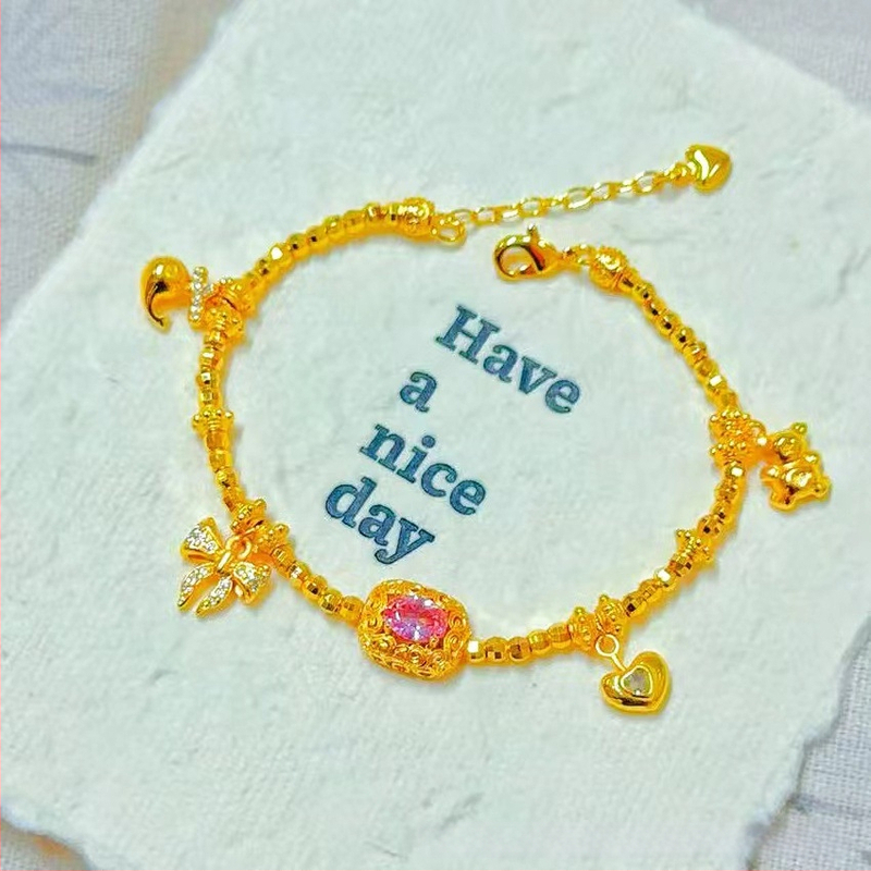 Гривна за жени от мед с златно покритие, четирилистна детелина и емалена панделка, регулираема