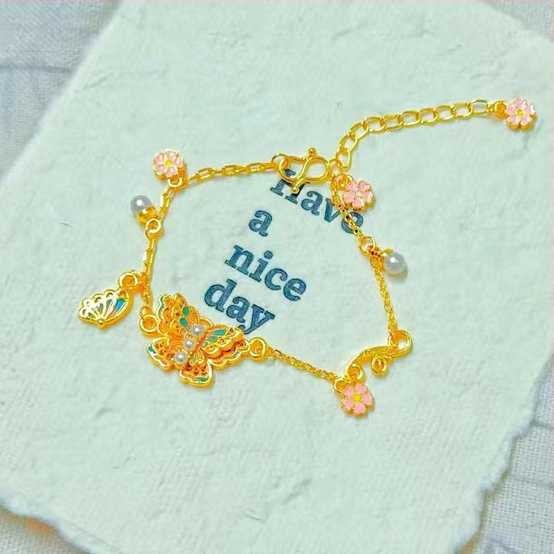 Гривна за жени от мед с златно покритие, четирилистна детелина и емалена панделка, регулираема