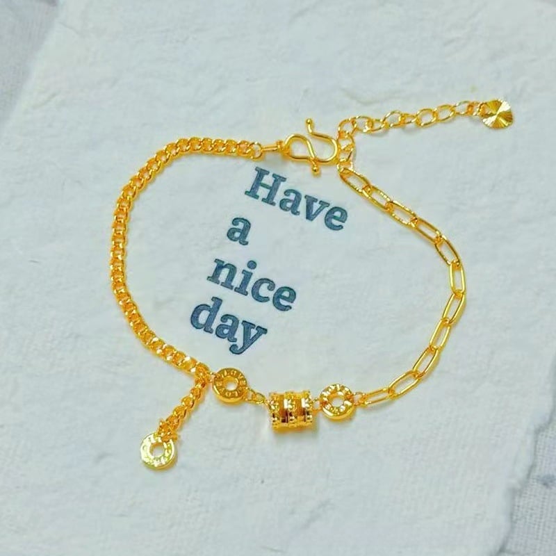 Гривна за жени от мед с златно покритие, четирилистна детелина и емалена панделка, регулираема