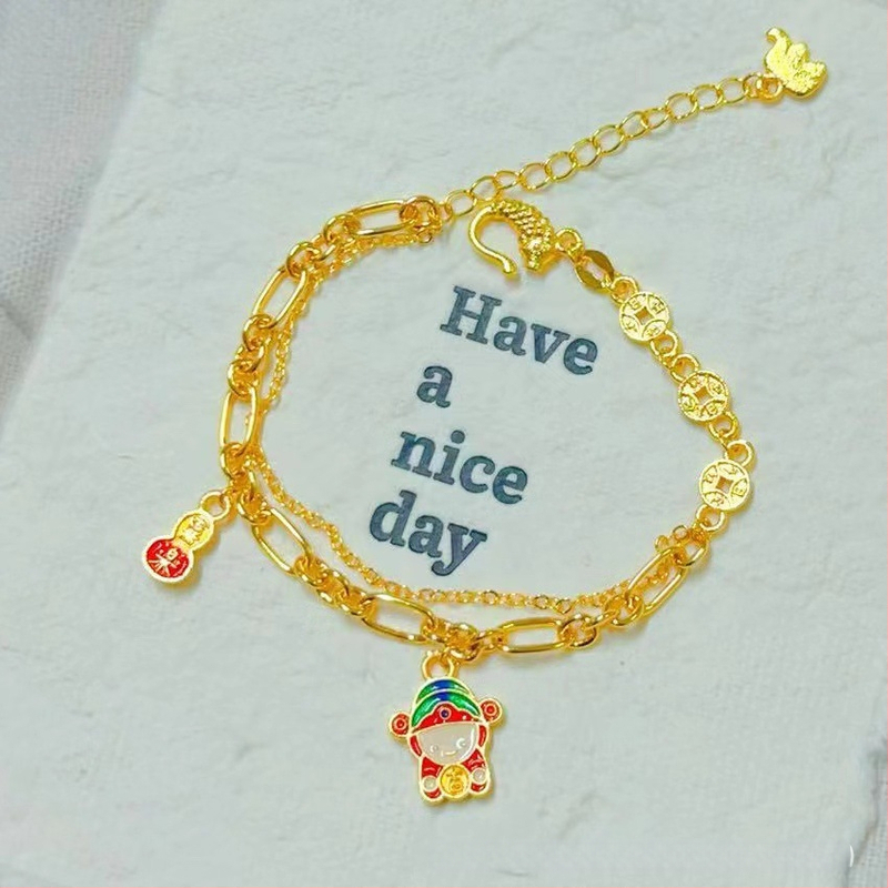 Гривна за жени от мед с златно покритие, четирилистна детелина и емалена панделка, регулираема