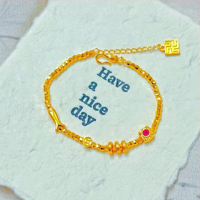 Гривна за жени от мед с златно покритие, четирилистна детелина и емалена панделка, регулираема