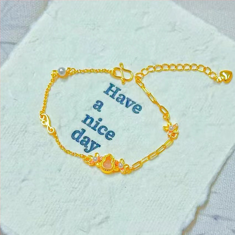 Гривна за жени от мед с златно покритие, четирилистна детелина и емалена панделка, регулираема