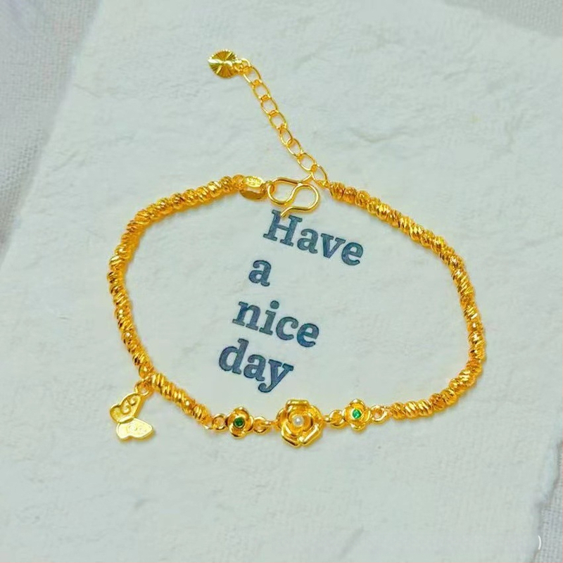 Гривна за жени от мед с златно покритие, четирилистна детелина и емалена панделка, регулираема