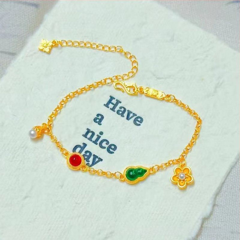 Гривна за жени от мед с златно покритие, четирилистна детелина и емалена панделка, регулираема