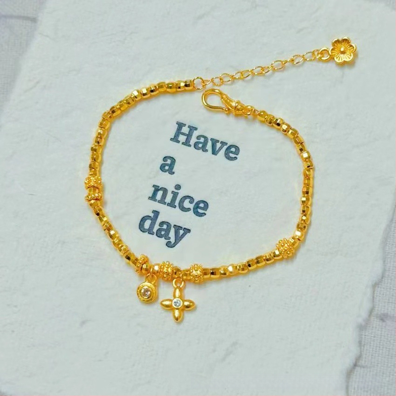 Гривна за жени от мед с златно покритие, четирилистна детелина и емалена панделка, регулираема