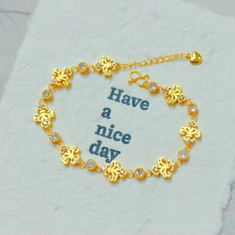 Гривна за жени от мед с златно покритие, четирилистна детелина и емалена панделка, регулираема