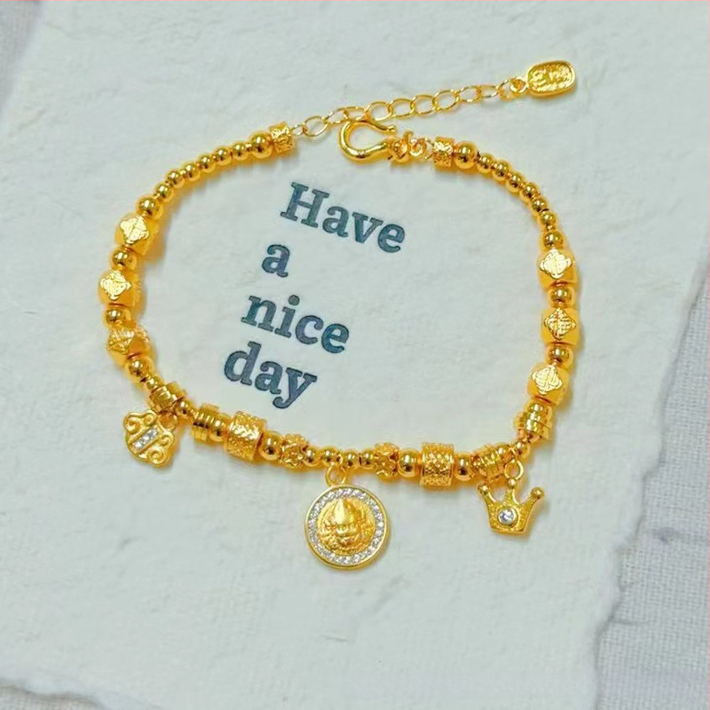 Гривна за жени от мед с златно покритие, четирилистна детелина и емалена панделка, регулираема