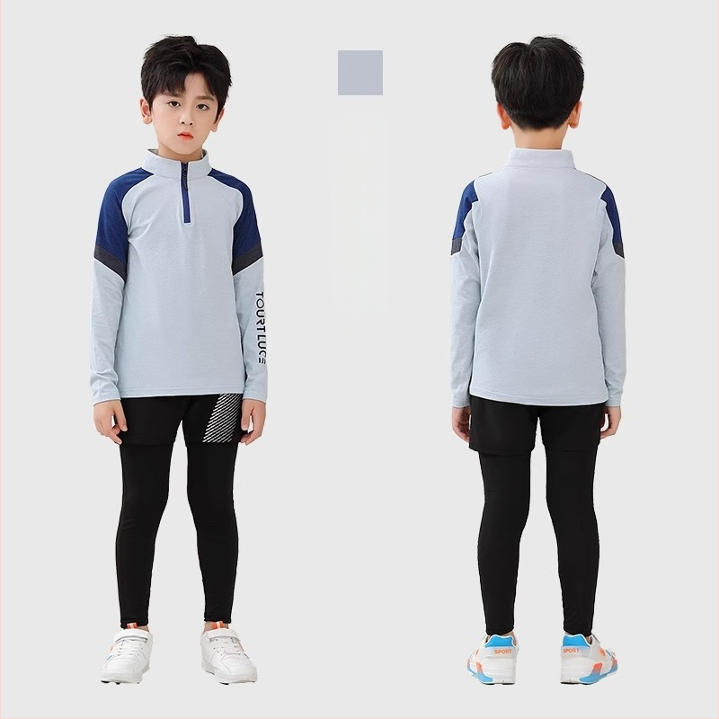 Vaiko sportinis dviejų dalių komplektas: ilgomis rankovėmis viršus su stovinčiu kaklu ir kelnės, poliesterio pluošto mišinys su medvilnės pamušalu, tinkamas žiemai, pavasariui ir rudeniui