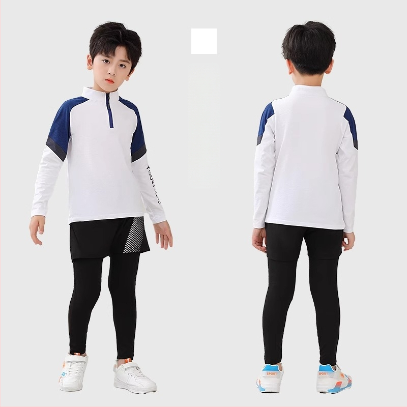 Vaiko sportinis dviejų dalių komplektas: ilgomis rankovėmis viršus su stovinčiu kaklu ir kelnės, poliesterio pluošto mišinys su medvilnės pamušalu, tinkamas žiemai, pavasariui ir rudeniui