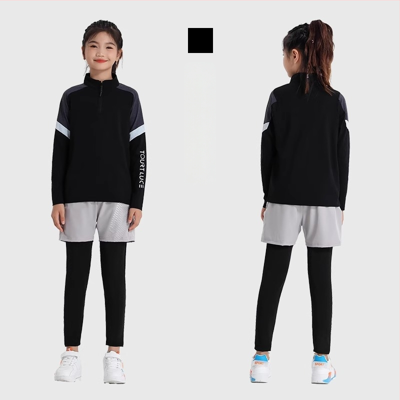 Vaiko sportinis dviejų dalių komplektas: ilgomis rankovėmis viršus su stovinčiu kaklu ir kelnės, poliesterio pluošto mišinys su medvilnės pamušalu, tinkamas žiemai, pavasariui ir rudeniui