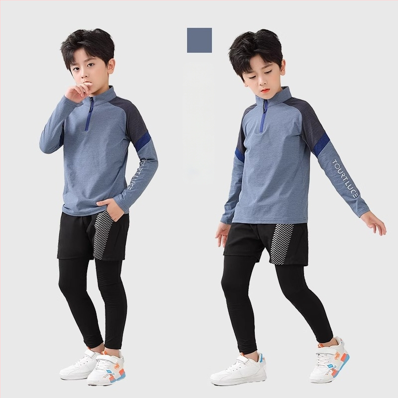 Vaiko sportinis dviejų dalių komplektas: ilgomis rankovėmis viršus su stovinčiu kaklu ir kelnės, poliesterio pluošto mišinys su medvilnės pamušalu, tinkamas žiemai, pavasariui ir rudeniui