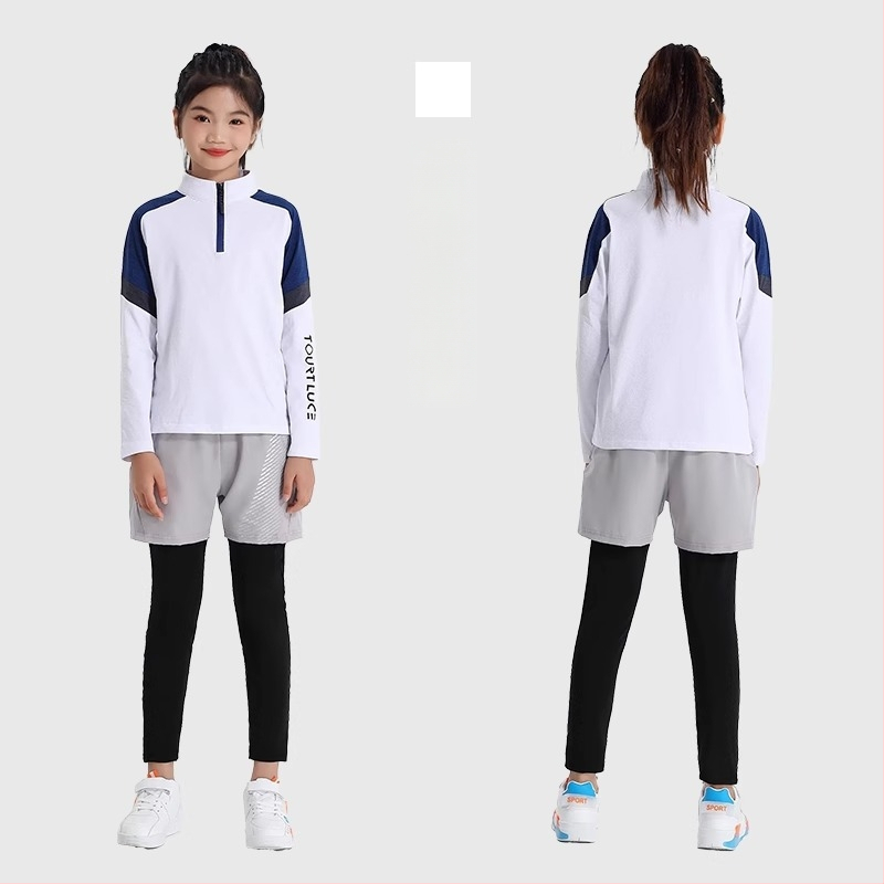 Vaiko sportinis dviejų dalių komplektas: ilgomis rankovėmis viršus su stovinčiu kaklu ir kelnės, poliesterio pluošto mišinys su medvilnės pamušalu, tinkamas žiemai, pavasariui ir rudeniui