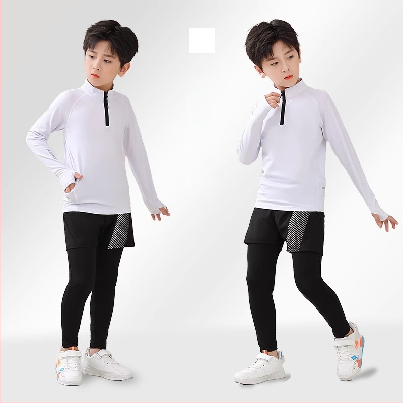 Vaiko sportinis dviejų dalių komplektas: ilgomis rankovėmis viršus su stovinčiu kaklu ir kelnės, poliesterio pluošto mišinys su medvilnės pamušalu, tinkamas žiemai, pavasariui ir rudeniui