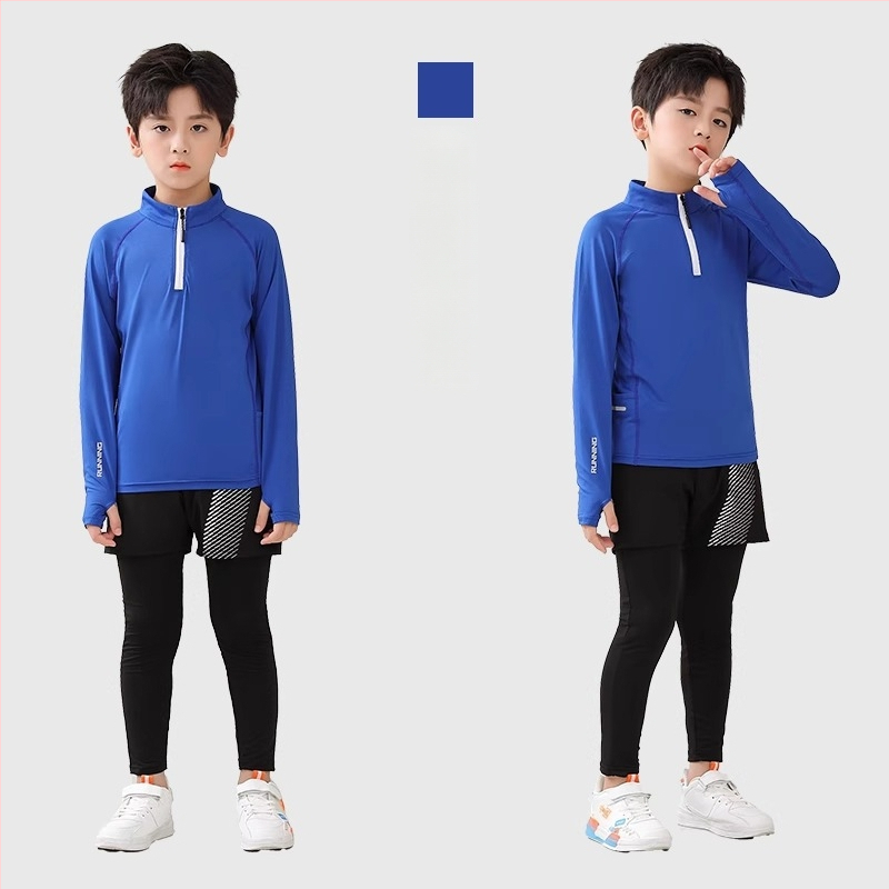 Vaiko sportinis dviejų dalių komplektas: ilgomis rankovėmis viršus su stovinčiu kaklu ir kelnės, poliesterio pluošto mišinys su medvilnės pamušalu, tinkamas žiemai, pavasariui ir rudeniui