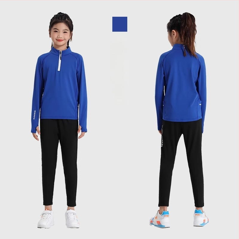 Vaiko sportinis dviejų dalių komplektas: ilgomis rankovėmis viršus su stovinčiu kaklu ir kelnės, poliesterio pluošto mišinys su medvilnės pamušalu, tinkamas žiemai, pavasariui ir rudeniui