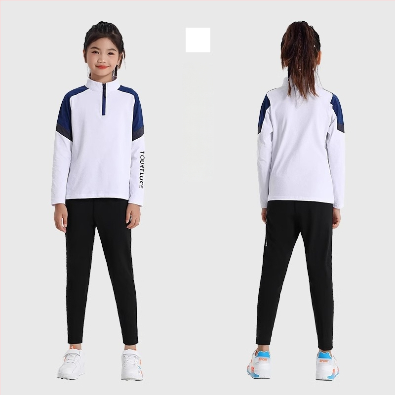 Vaiko sportinis dviejų dalių komplektas: ilgomis rankovėmis viršus su stovinčiu kaklu ir kelnės, poliesterio pluošto mišinys su medvilnės pamušalu, tinkamas žiemai, pavasariui ir rudeniui