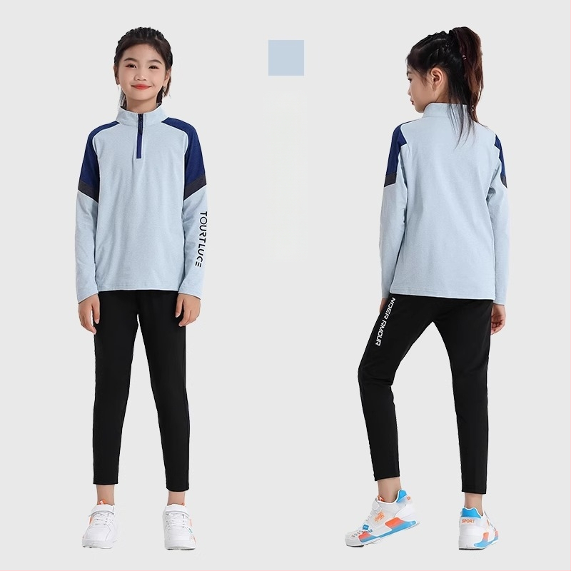 Vaiko sportinis dviejų dalių komplektas: ilgomis rankovėmis viršus su stovinčiu kaklu ir kelnės, poliesterio pluošto mišinys su medvilnės pamušalu, tinkamas žiemai, pavasariui ir rudeniui