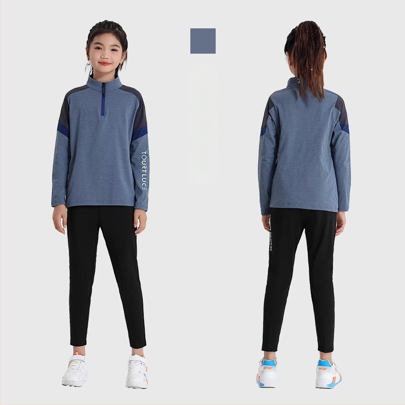 Vaiko sportinis dviejų dalių komplektas: ilgomis rankovėmis viršus su stovinčiu kaklu ir kelnės, poliesterio pluošto mišinys su medvilnės pamušalu, tinkamas žiemai, pavasariui ir rudeniui