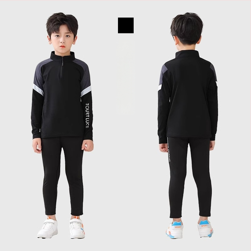 Vaiko sportinis dviejų dalių komplektas: ilgomis rankovėmis viršus su stovinčiu kaklu ir kelnės, poliesterio pluošto mišinys su medvilnės pamušalu, tinkamas žiemai, pavasariui ir rudeniui