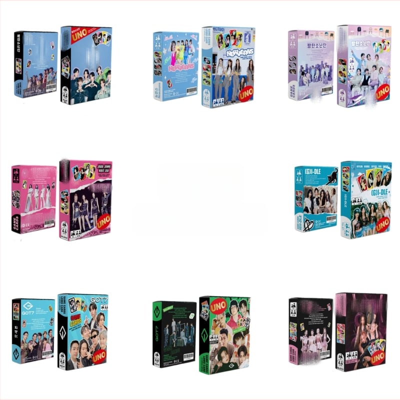UNO stilā kartes spēle ar 120 kartēm, K-pop tēma GOT7 IVE GIDLE EN Star (Papīra kartes • Krāsaina kastīte • Vecuma 15–35 • Interaktīvā spēle)