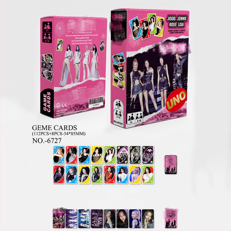 UNO stilā kartes spēle ar 120 kartēm, K-pop tēma GOT7 IVE GIDLE EN Star (Papīra kartes • Krāsaina kastīte • Vecuma 15–35 • Interaktīvā spēle)