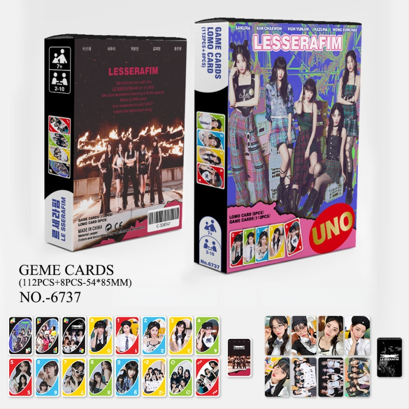 UNO stilā kartes spēle ar 120 kartēm, K-pop tēma GOT7 IVE GIDLE EN Star (Papīra kartes • Krāsaina kastīte • Vecuma 15–35 • Interaktīvā spēle)